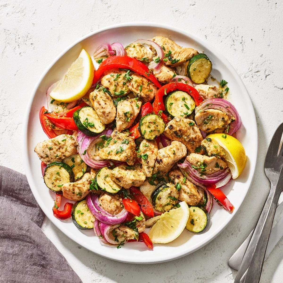 Sizzling Mediterranean Chicken Stir Fry in a stainless steel pan, steam rising from juicy chicken and vibrant veggies, ready to be served with lemon wedges.