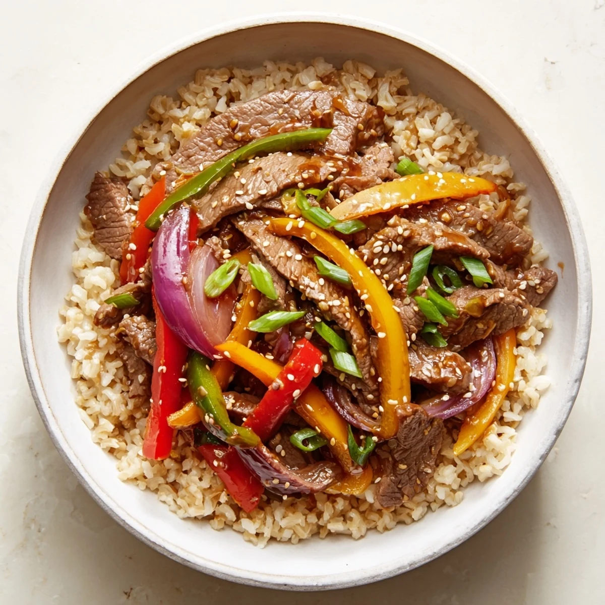 A close-up of a Healthy Beef and Pepper Rice Bowl shows tender beef glistening with sauce, topped with fresh green onions and sesame seeds.