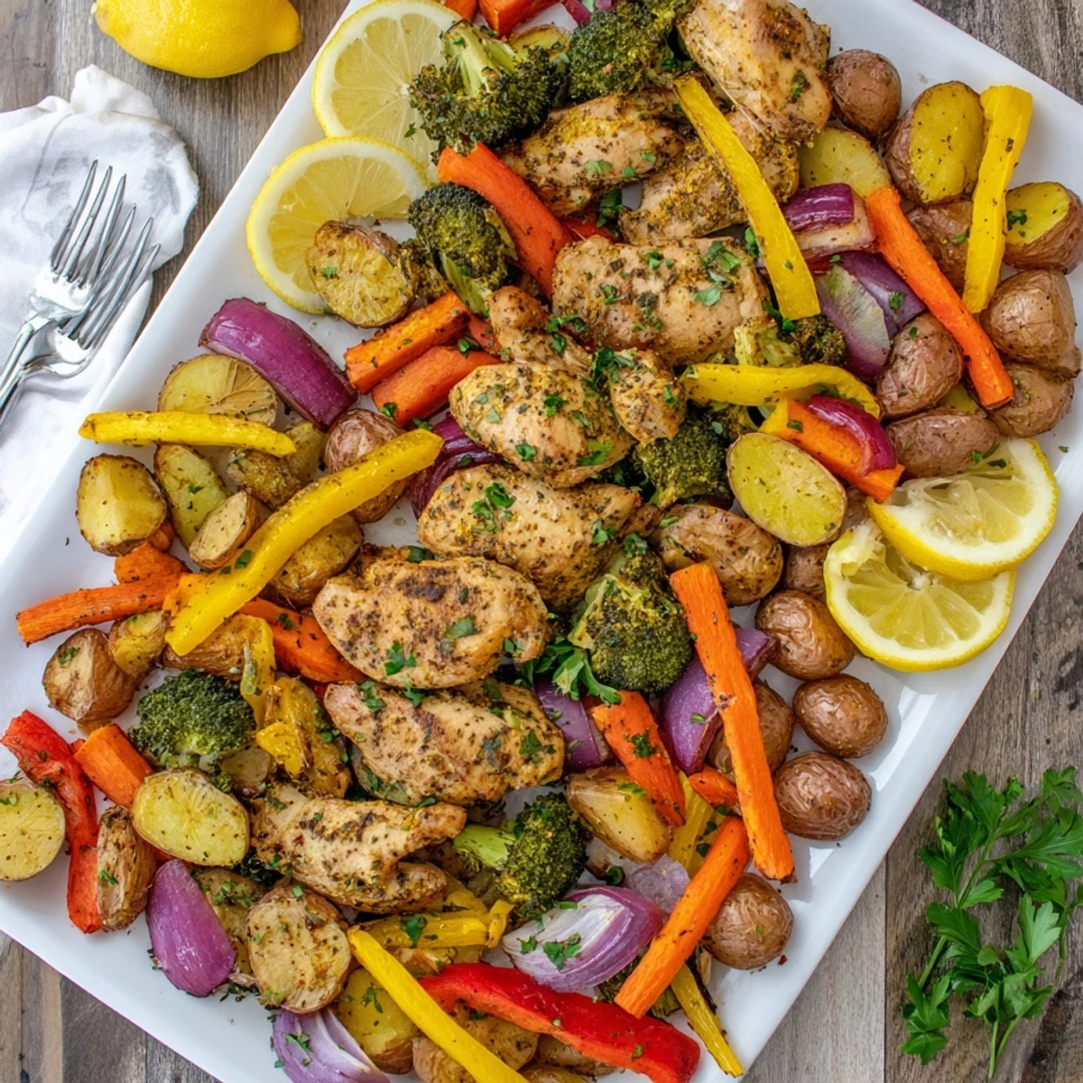 Golden-brown Sheet Pan Lemon Herb Chicken and Vegetables roasted with vibrant carrots, peppers, and potatoes on a sheet pan.