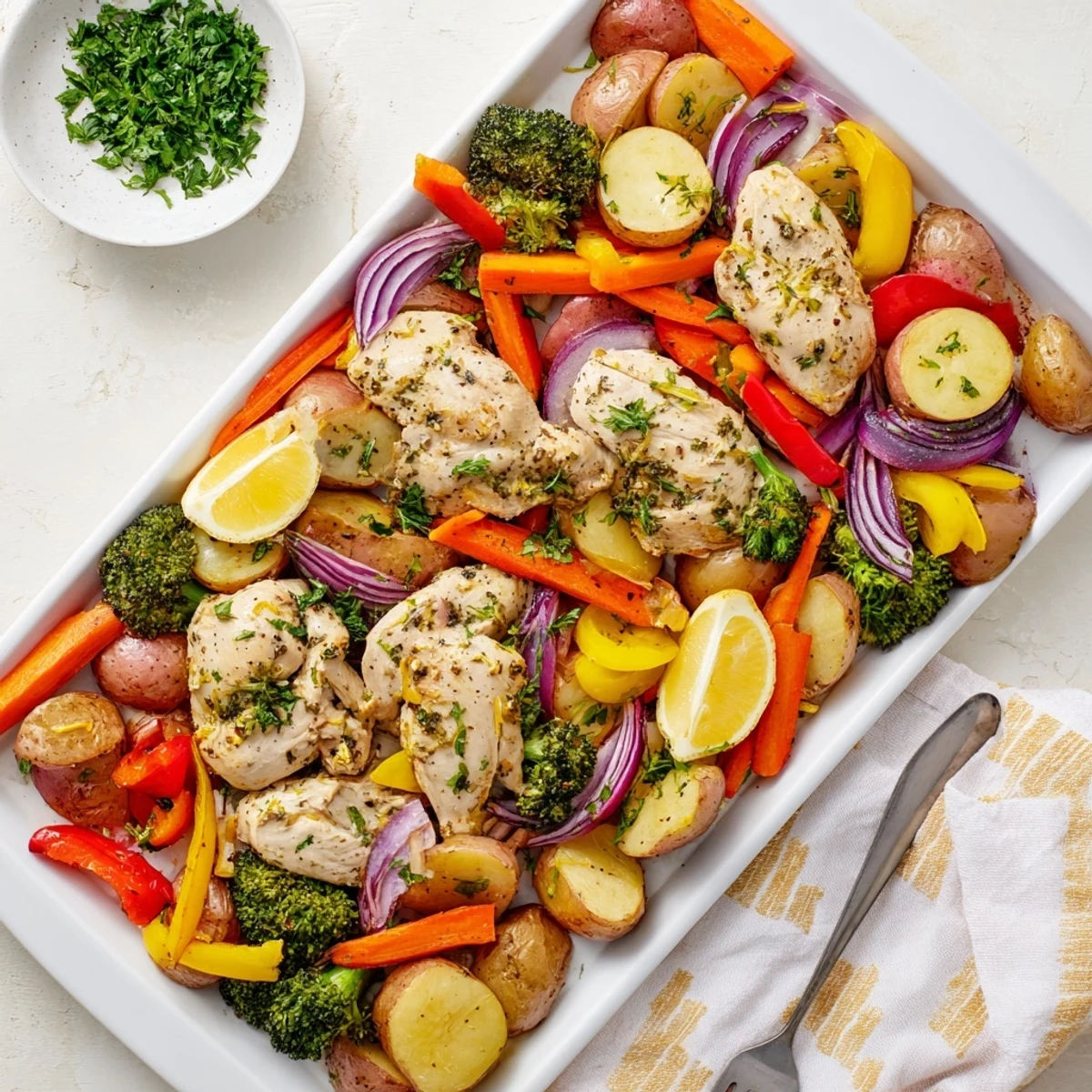 Freshly baked Sheet Pan Lemon Herb Chicken and Vegetables garnished with parsley, showcasing colorful veggies and succulent chicken pieces.