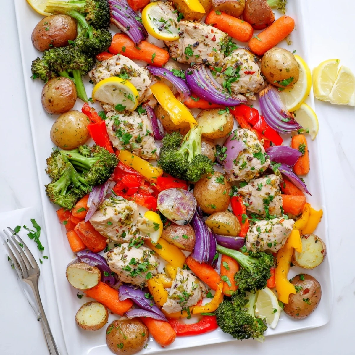 Juicy Sheet Pan Lemon Herb Chicken and Vegetables served with tender broccoli and zesty lemon wedges on a rustic platter.