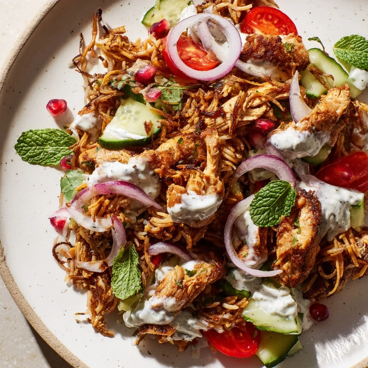 Vibrant Chicken Shawarma Crispy Rice Salad with golden rice, juicy spiced chicken, and creamy yogurt-tahini dressing on a rustic table.