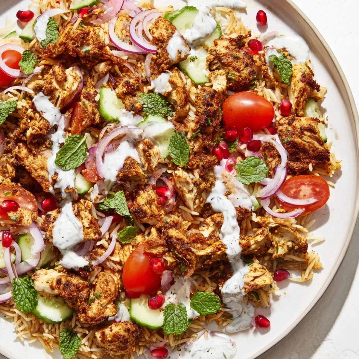 Savory Chicken Shawarma Crispy Rice Salad plated with diced cucumbers, cherry tomatoes, and a drizzle of tangy yogurt dressing.