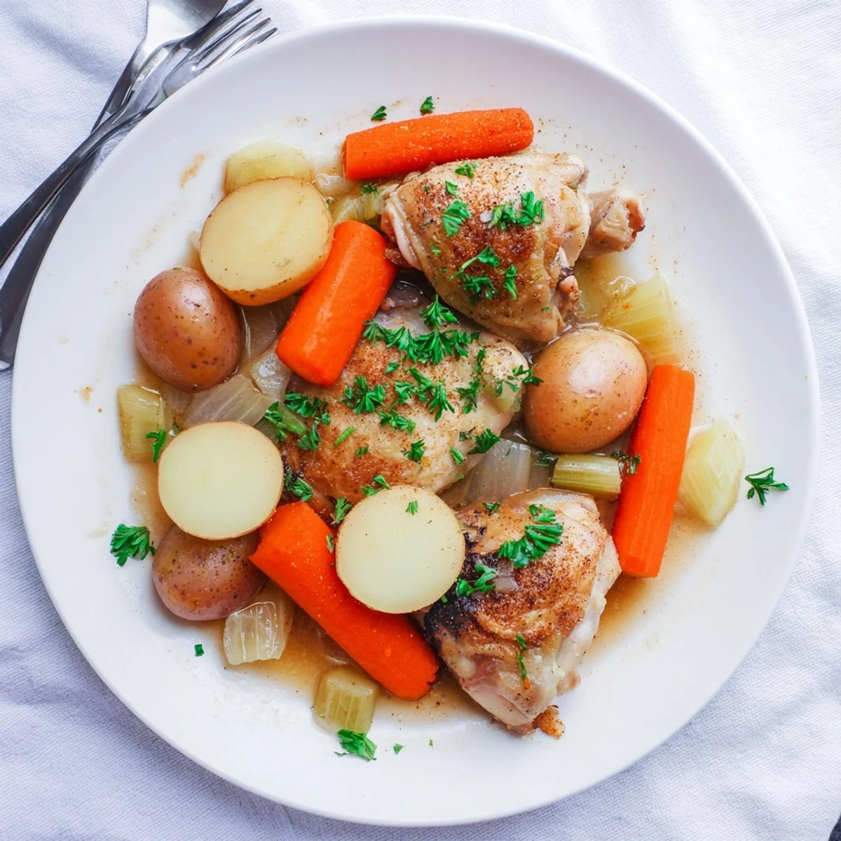Tender, juicy Slow Cooker Chicken thighs served with carrots and potatoes in a savory herb sauce.