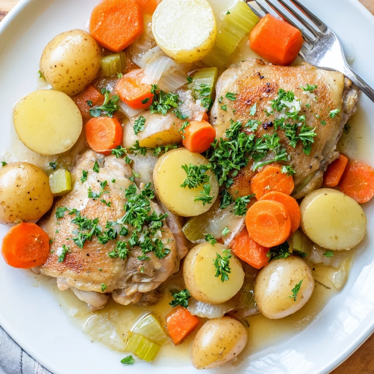 Healthy Savory Slow Cooker Chicken presented with fresh parsley garnish and steam rising from the crockpot.