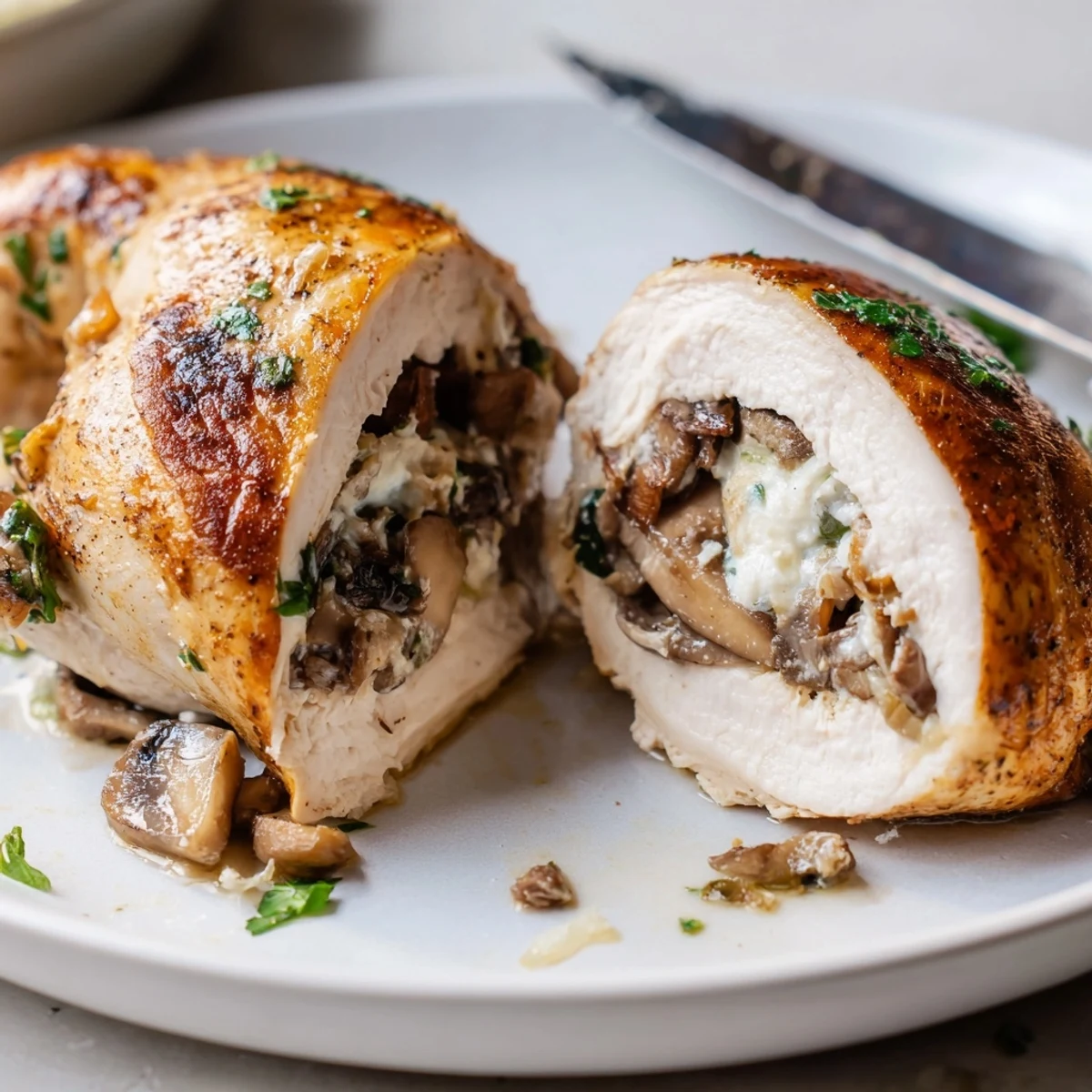 Golden-brown seared Flavorful Mushroom Stuffed Chicken Breast on a white plate with fresh parsley garnish.