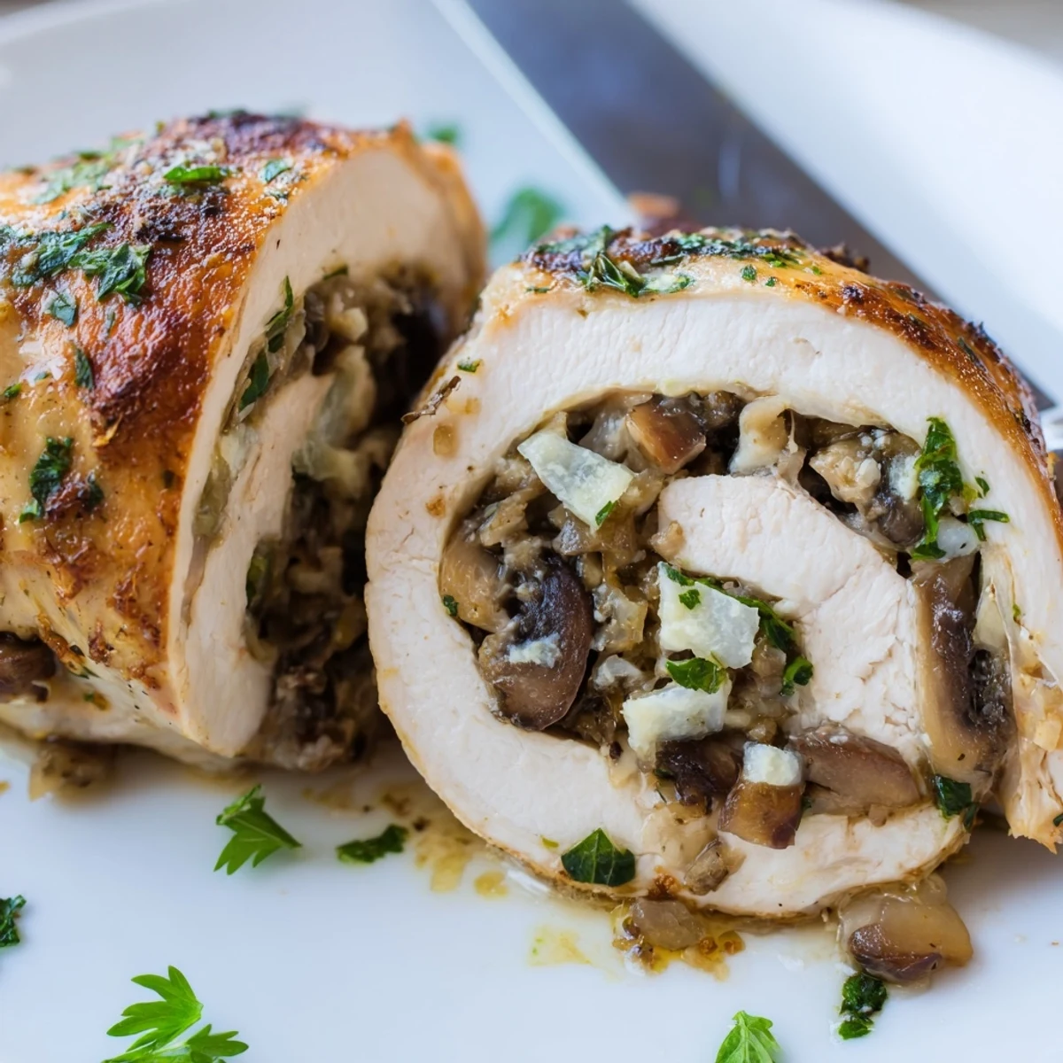 Sliced Flavorful Mushroom Stuffed Chicken Breast revealing a savory mushroom, garlic, and herb filling on a dinner plate.