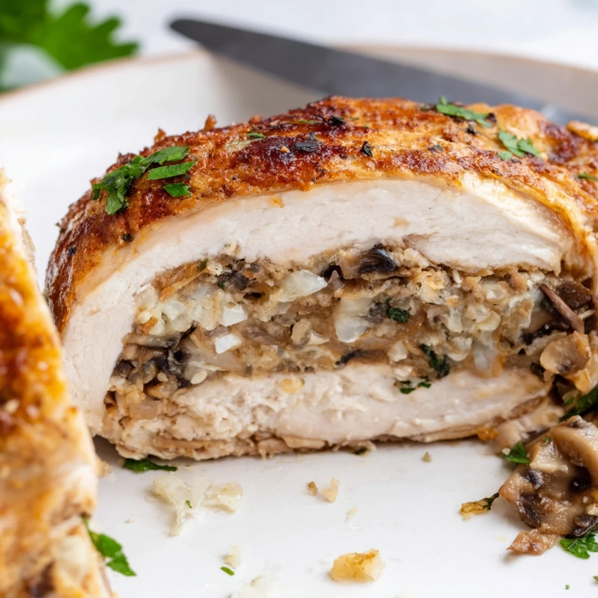 Juicy Flavorful Mushroom Stuffed Chicken Breast served alongside roasted vegetables and a glass of white wine.