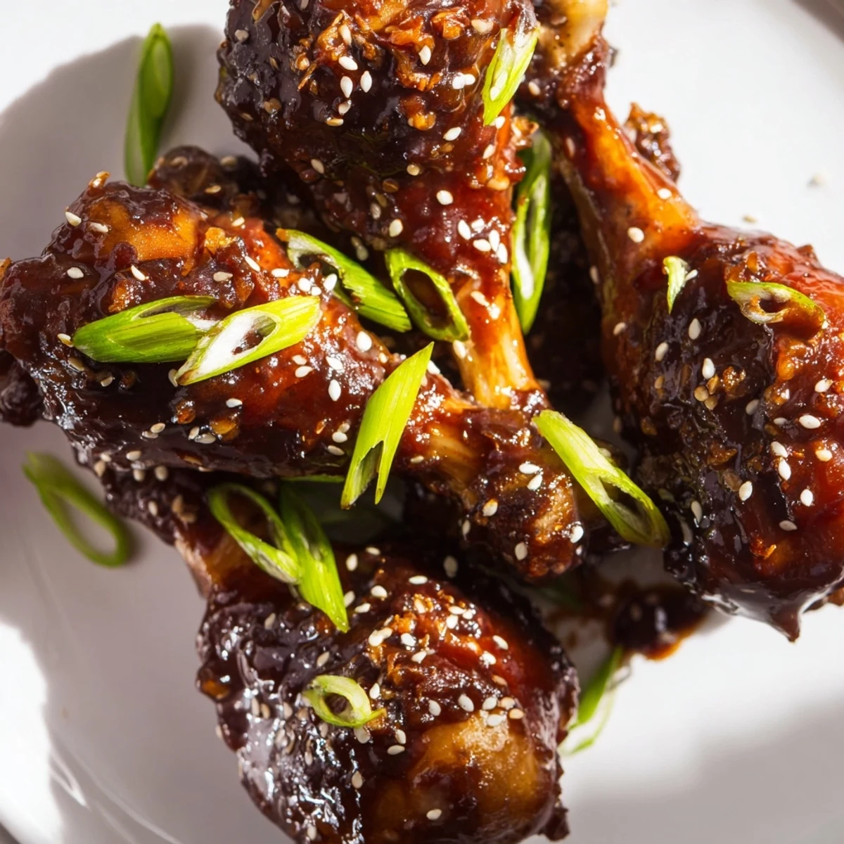 Glossy brown glazed chicken drumsticks falling off the bone after slow cooking in savory sauce