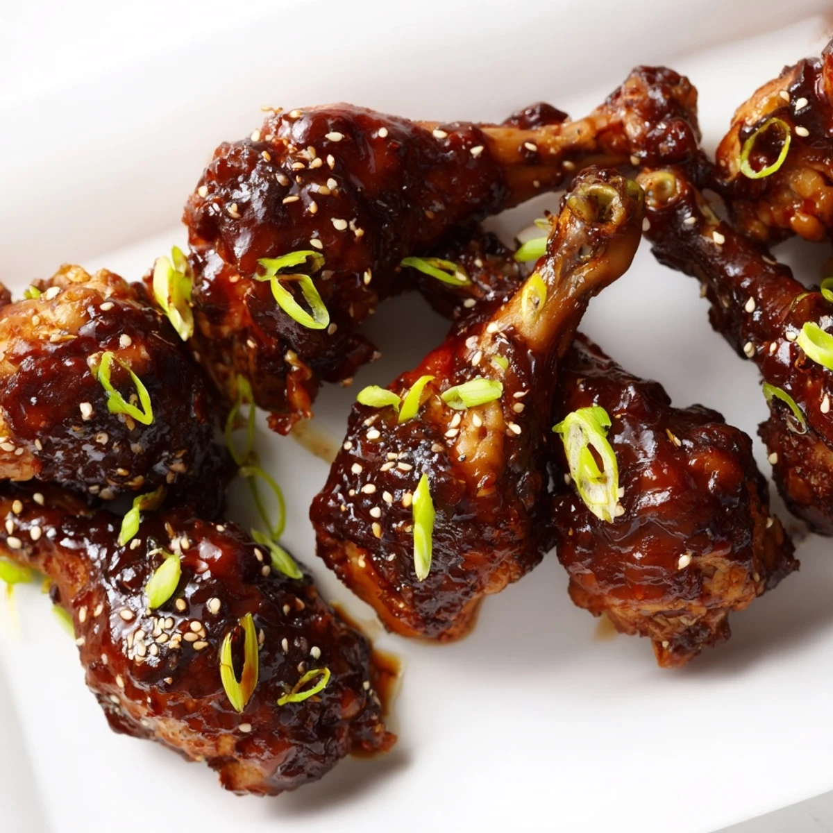Tender Asian glazed chicken drumsticks arranged on a white platter with fresh green scallion garnish