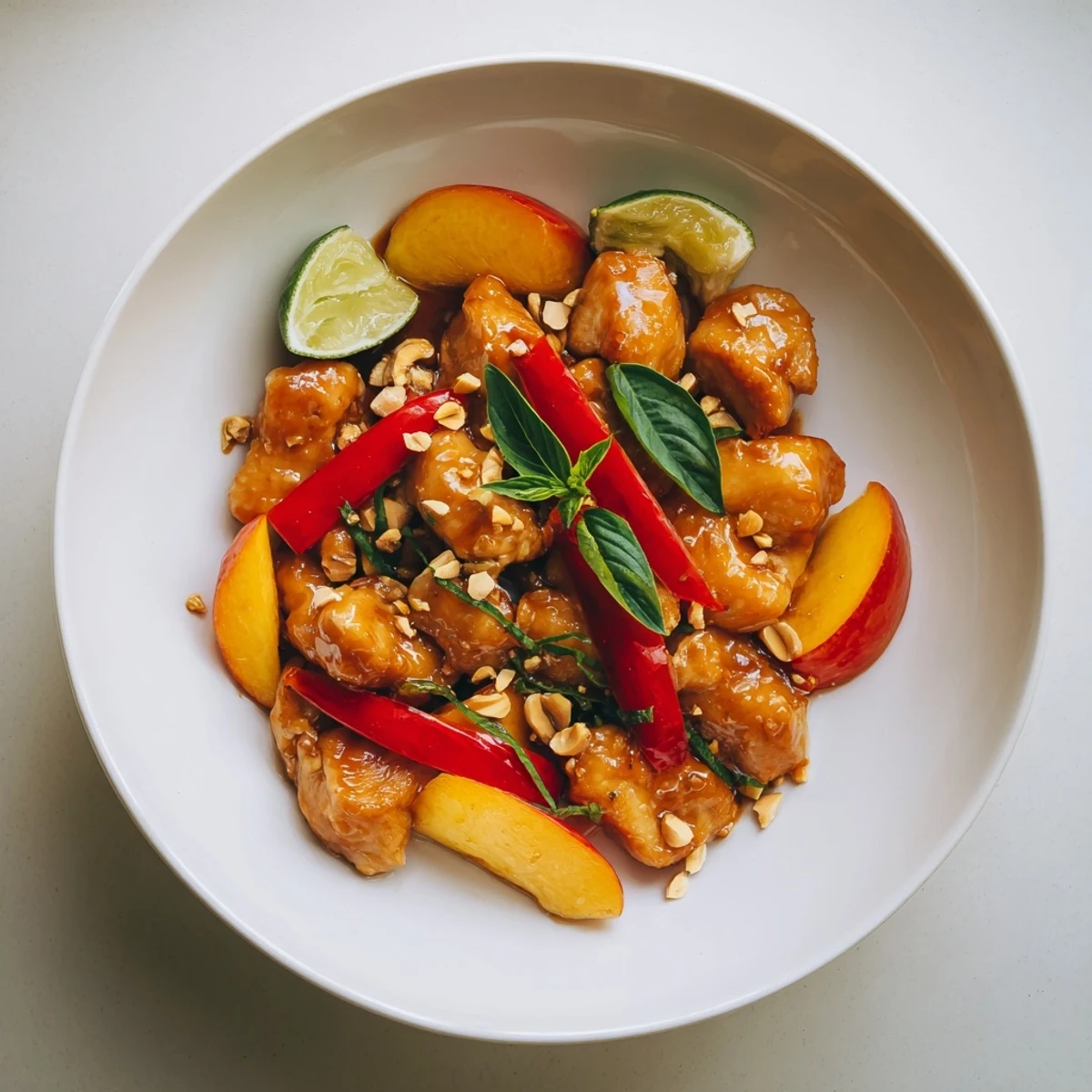 Savory chicken thighs simmered with fresh summer peaches in a spicy sweet Thai glaze