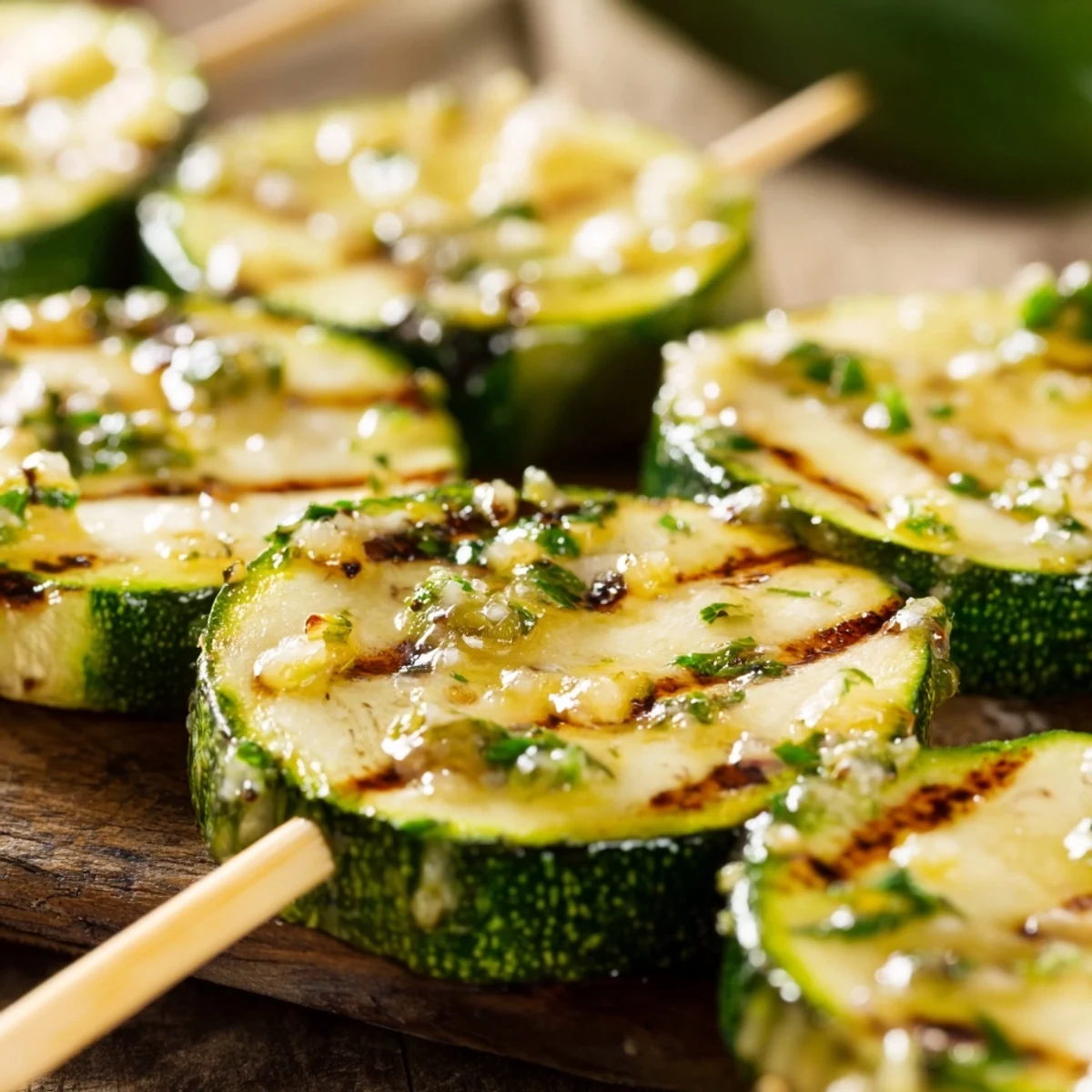 Golden grilled zucchini rounds on skewers brushed with savory garlic butter and fresh herbs