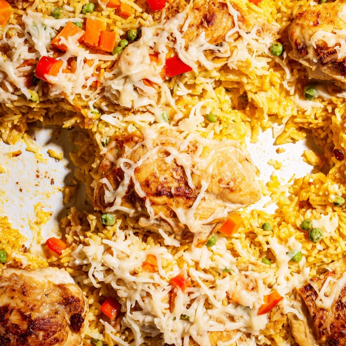 Golden cheesy Macau baked Portuguese chicken rice with colorful vegetables in creamy coconut sauce bubbling hot from the oven