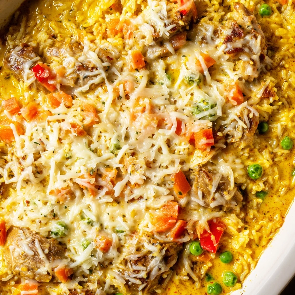 Baked Portuguese chicken rice featuring tender meat and melted mozzarella over fragrant jasmine rice in a golden coconut curry sauce