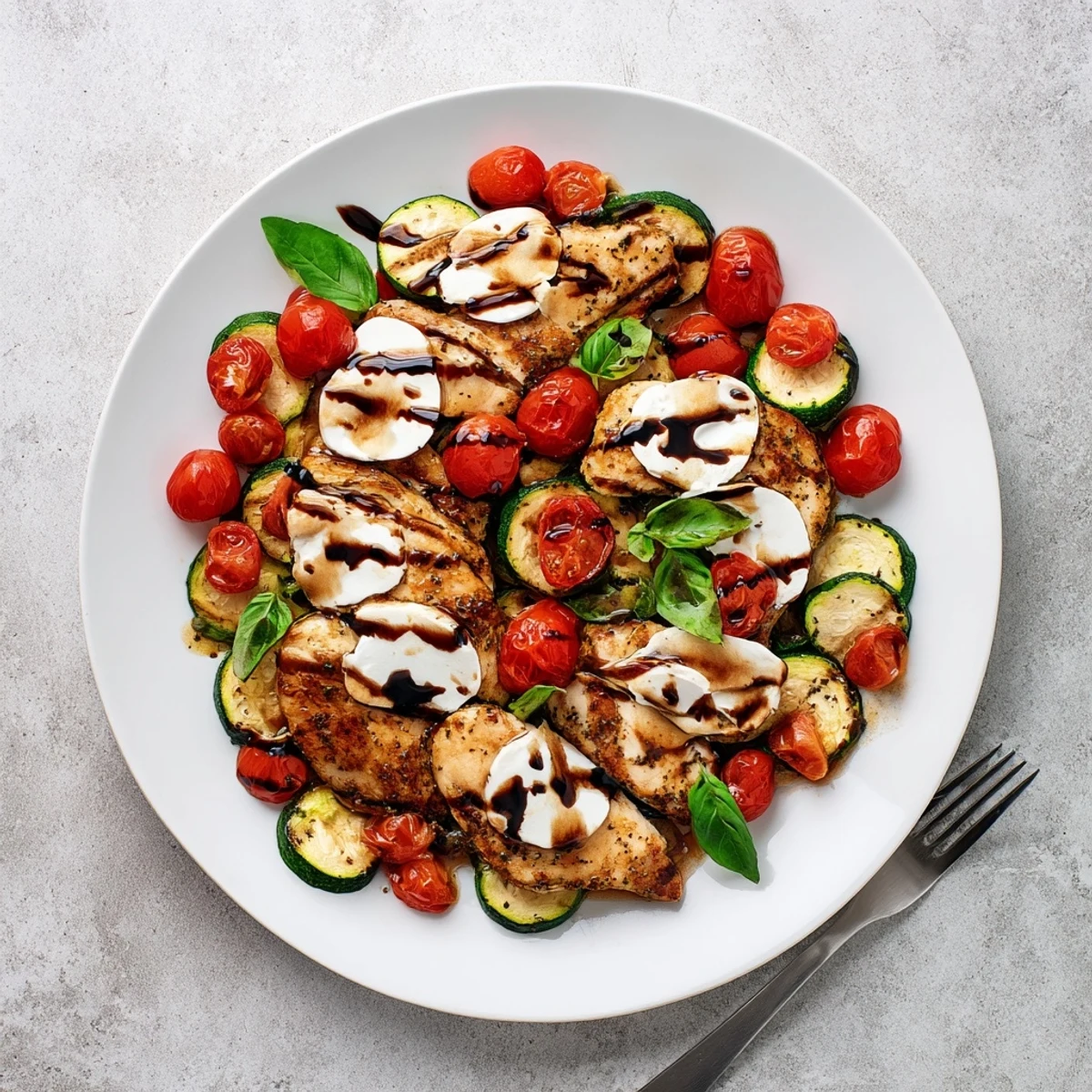 Golden pan-seared chicken breasts topped with melted mozzarella alongside tender zucchini and sweet cherry tomatoes in a Caprese Chicken Zucchini Skillet
