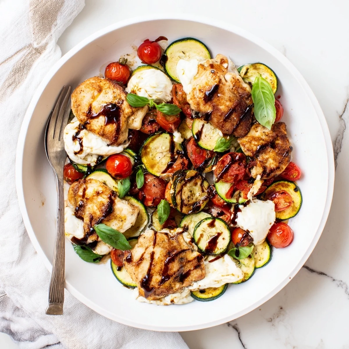 Creamy mozzarella-topped chicken served over a bed of zucchini rounds and cherry tomatoes in this easy Caprese Chicken Zucchini Skillet for weeknight dinners