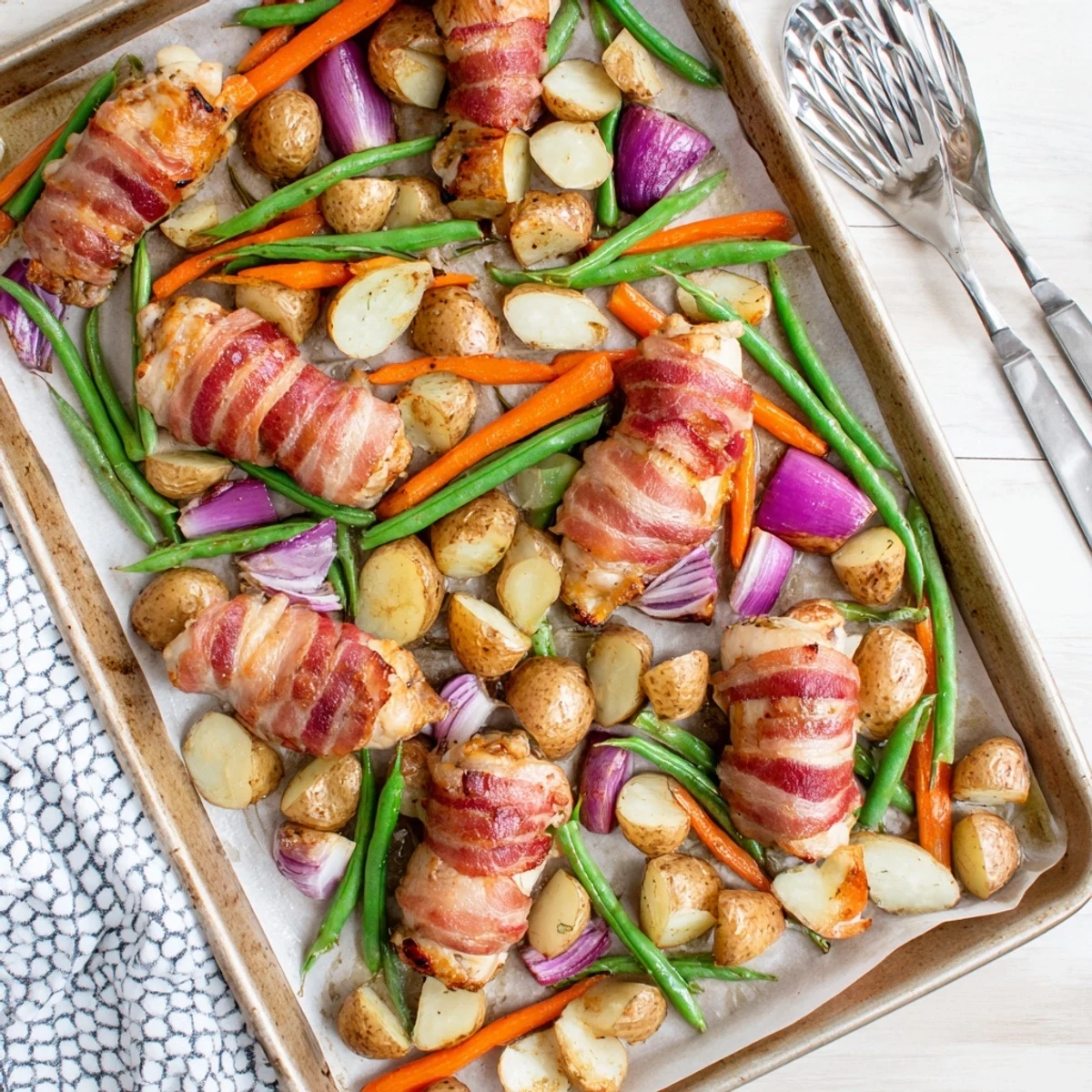 Oven-roasted bacon wrapped chicken thigh tray bake featuring tender meat, caramelized vegetables, and crispy bacon edges ready to serve