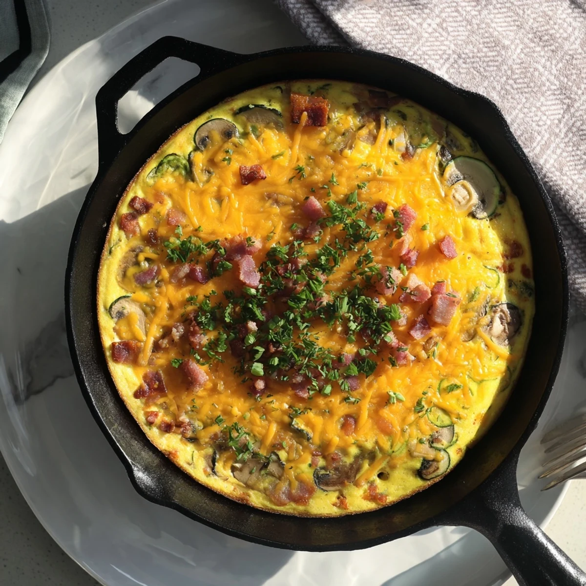 Fluffy golden Mushroom, Zucchini, and Bacon Family Frittata served warm on a white ceramic plate