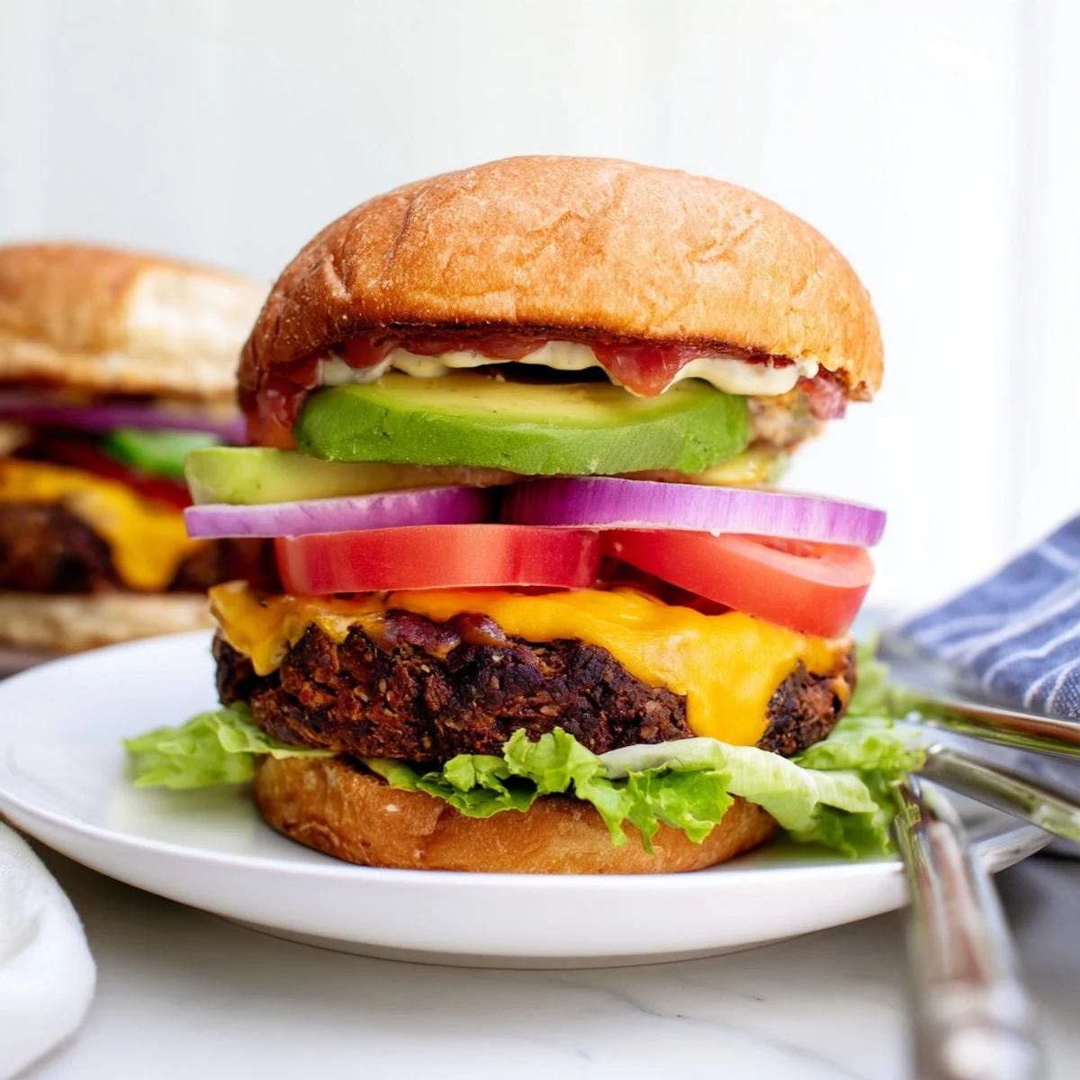 Hearty Epic Black Bean Burger topped with melted cheese, avocado, and crisp vegetables on toasted bun.