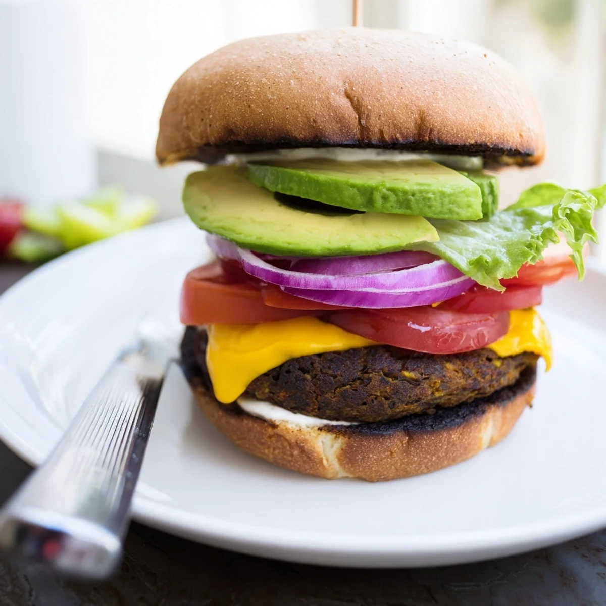 Golden brown Epic Black Bean Burger patty stacked with fresh tomato, red onion, and lettuce.