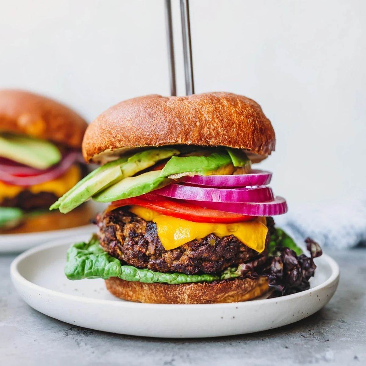 Savory Epic Black Bean Burger served on sesame seed bun with ripe avocado slices and pickles.