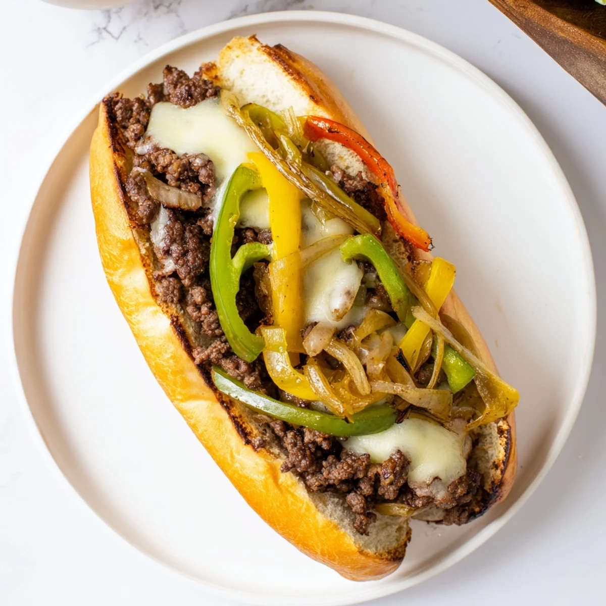 Golden ground beef Philly cheesesteaks piled high with melted provolone on toasted hoagie rolls
