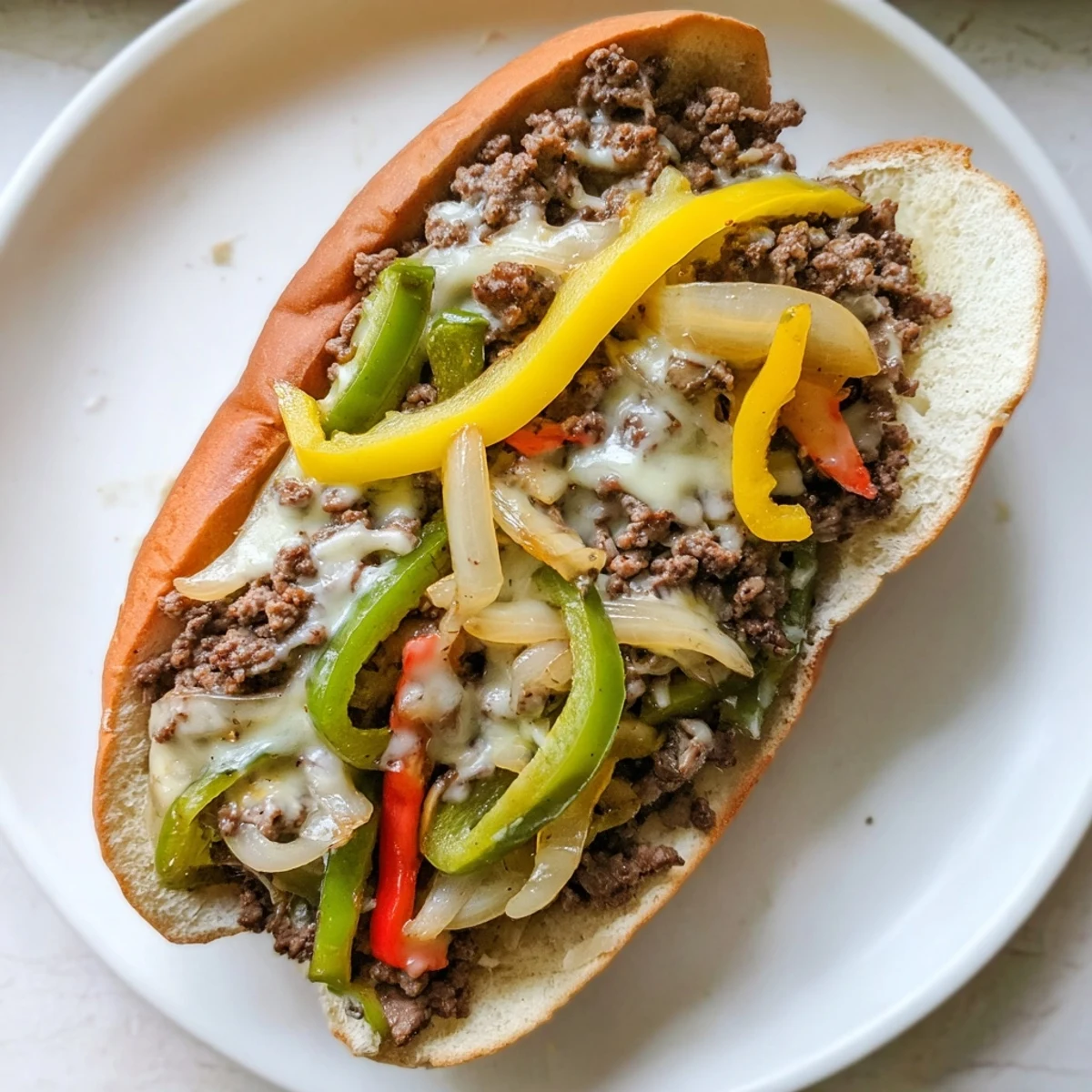 Savory ground beef Philly cheesesteak sandwich overflowing with sautéed peppers onions and gooey cheese