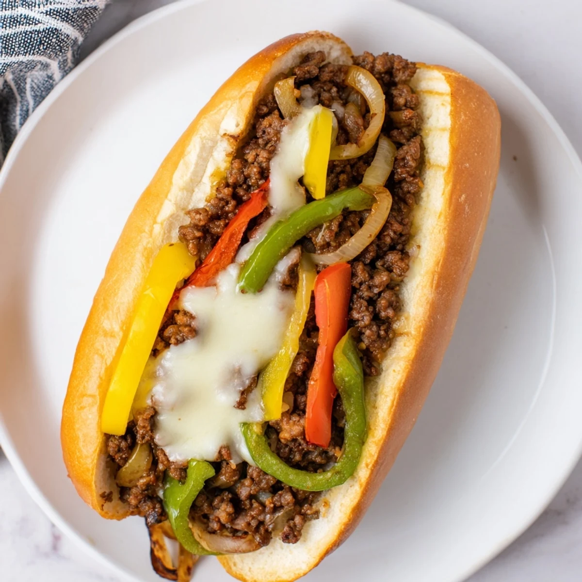 Toasted hoagie roll stuffed with seasoned ground beef Philly cheesesteaks topped with melted provolone cheese