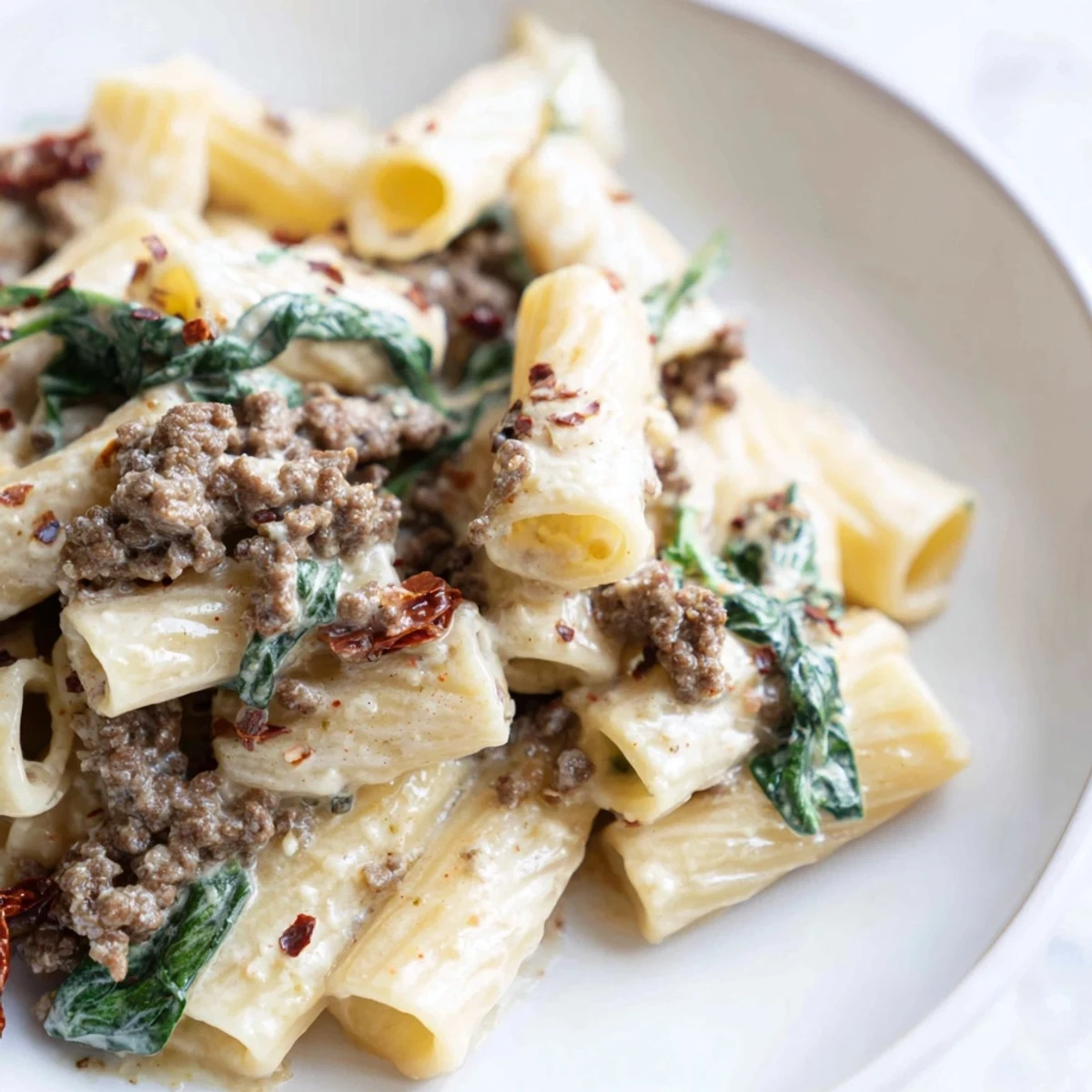 Creamy Marry Me ground beef pasta tossed with sun-dried tomatoes in a rich parmesan sauce