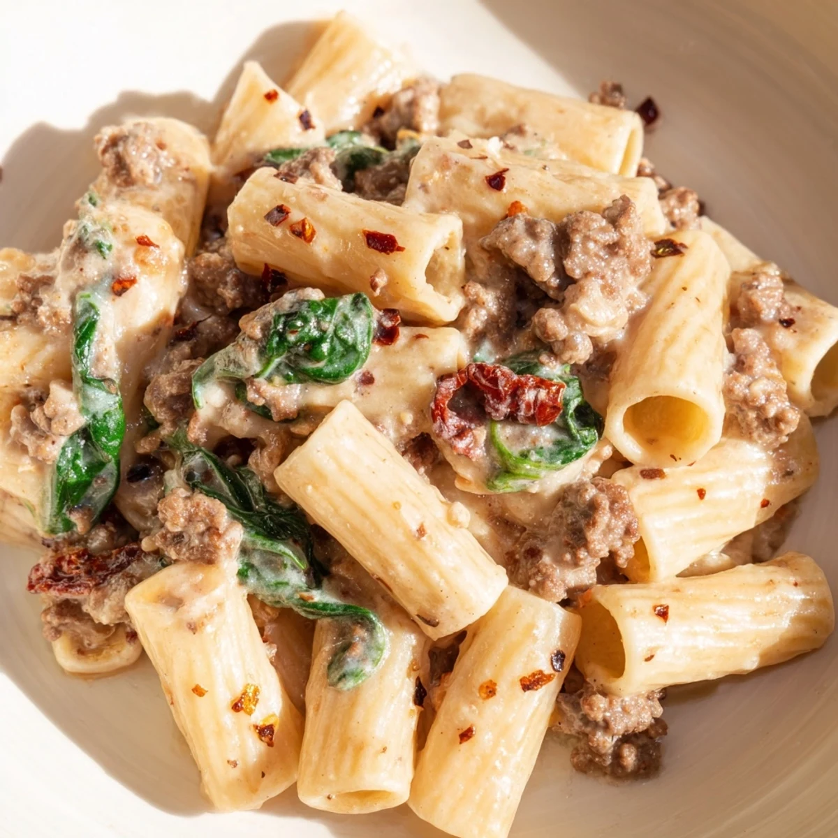 Savory ground beef pasta with penne coated in a luscious cream sauce and spinach