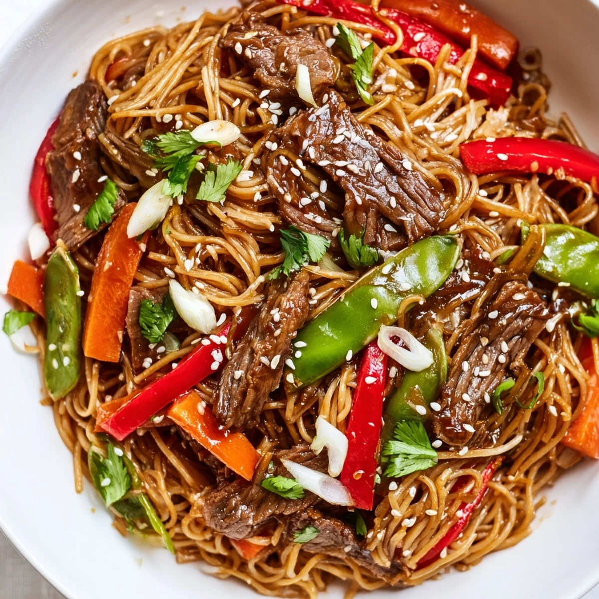 Steaming bowl of sticky beef noodles garnished with sesame seeds and fresh cilantro