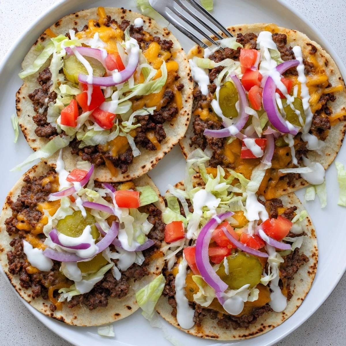 Crispy-edged smash burger tacos wrapped in warm flour tortillas with melted cheese and fresh vegetables