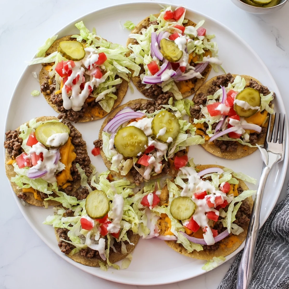 Handheld smash burger tacos featuring crispy beef, melted cheddar, crisp pickles, and tangy burger sauce