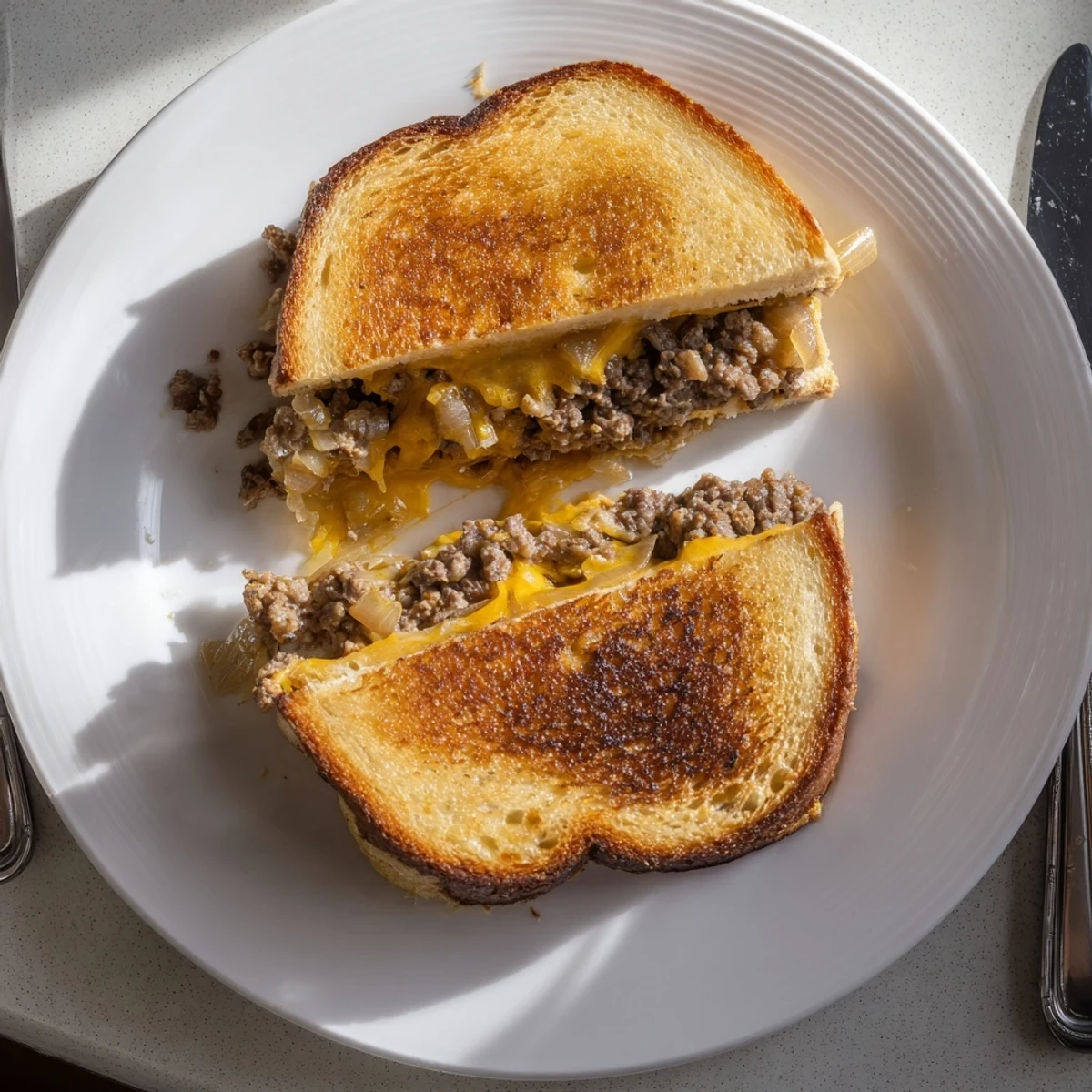 Golden brown cheesy ground beef melt sandwich with oozing melted cheese and seasoned beef filling