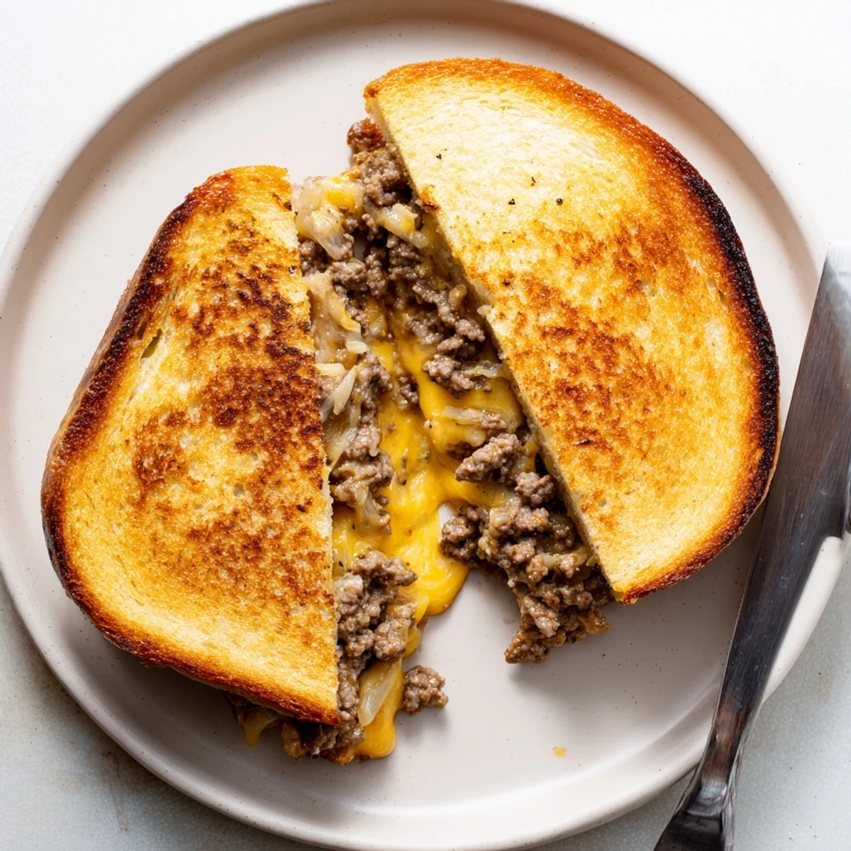 Sliced ultimate cheesy ground beef melt sandwich showing layers of beef, onions, and melted cheddar
