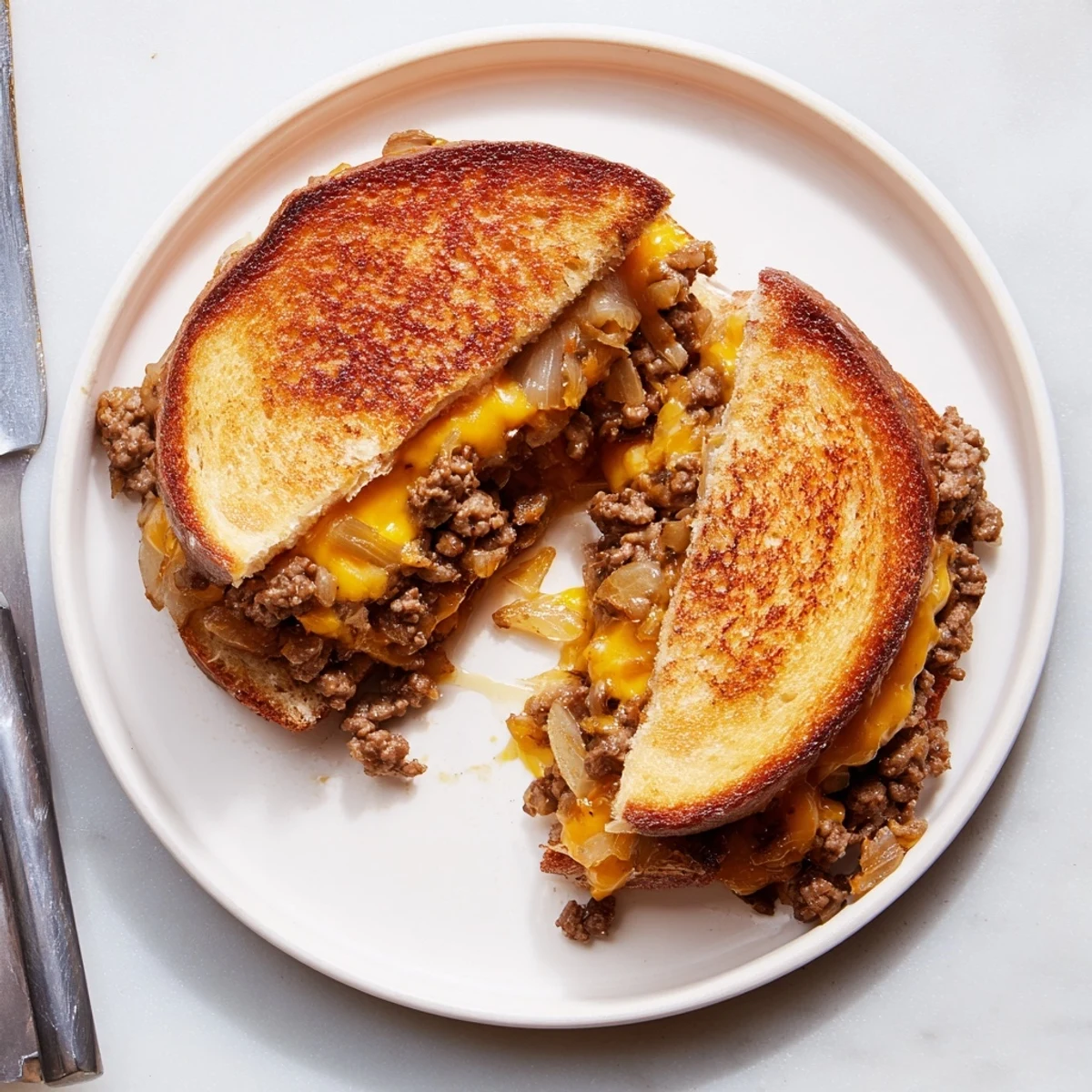 Toasted cheesy ground beef melt sandwich served hot with golden crispy bread and rich beef filling