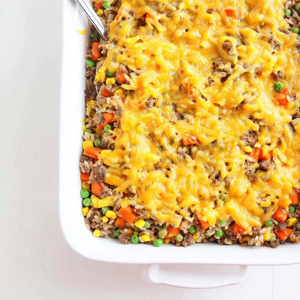 Savory beef and rice casserole topped with melted cheese and colorful mixed vegetables