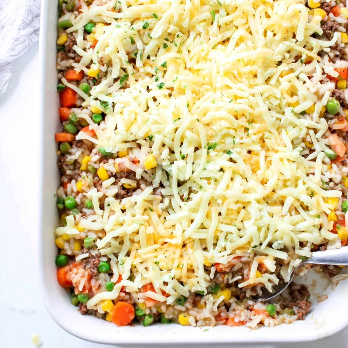 Golden cheesy ground beef and rice casserole fresh from the oven with bubbling melted cheddar