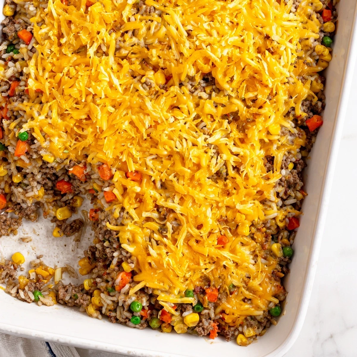 Comforting cheesy ground beef and rice casserole served piping hot from a baking dish
