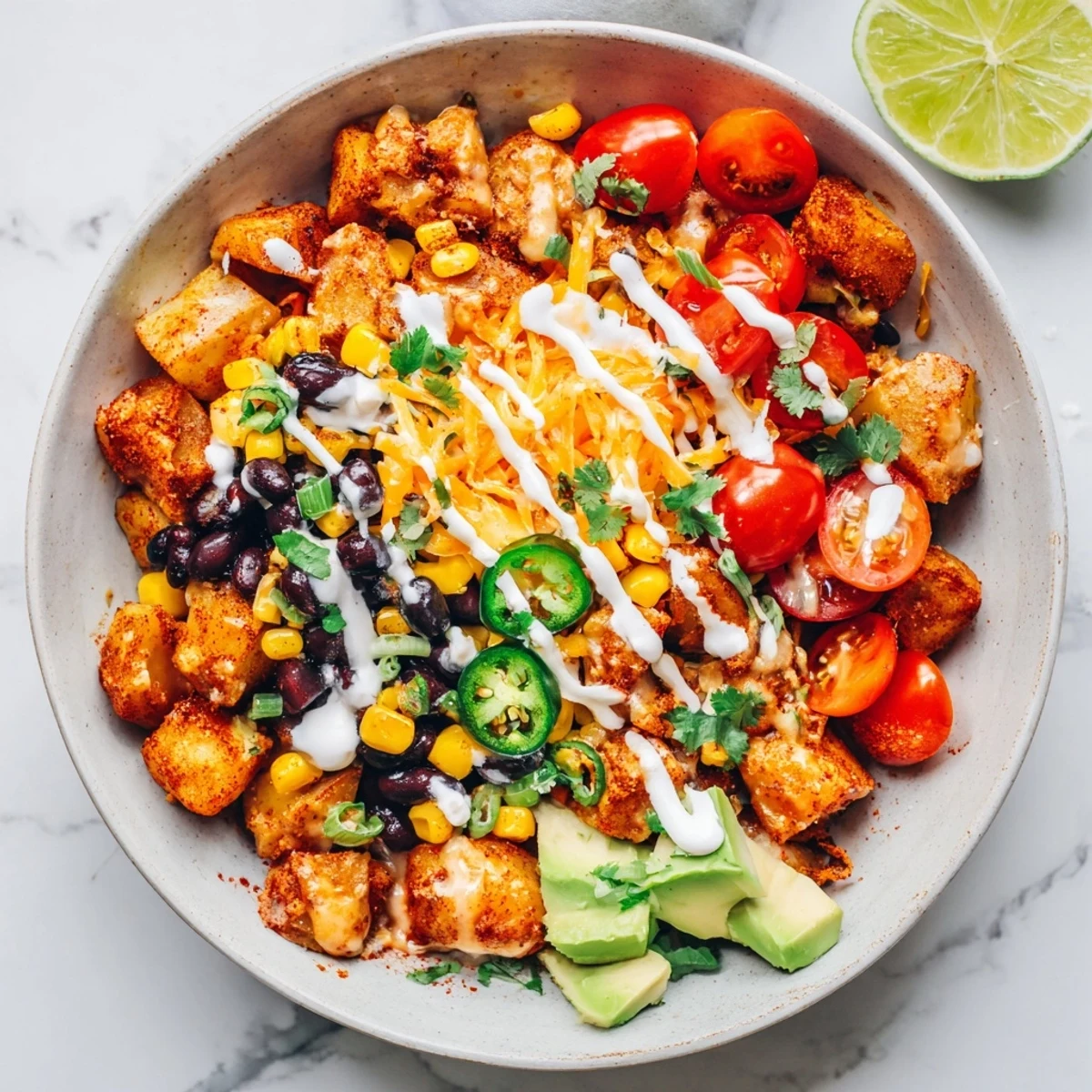 Golden roasted Loaded Fiesta Potato Bowls topped with melty cheese and colorful Tex-Mex toppings
