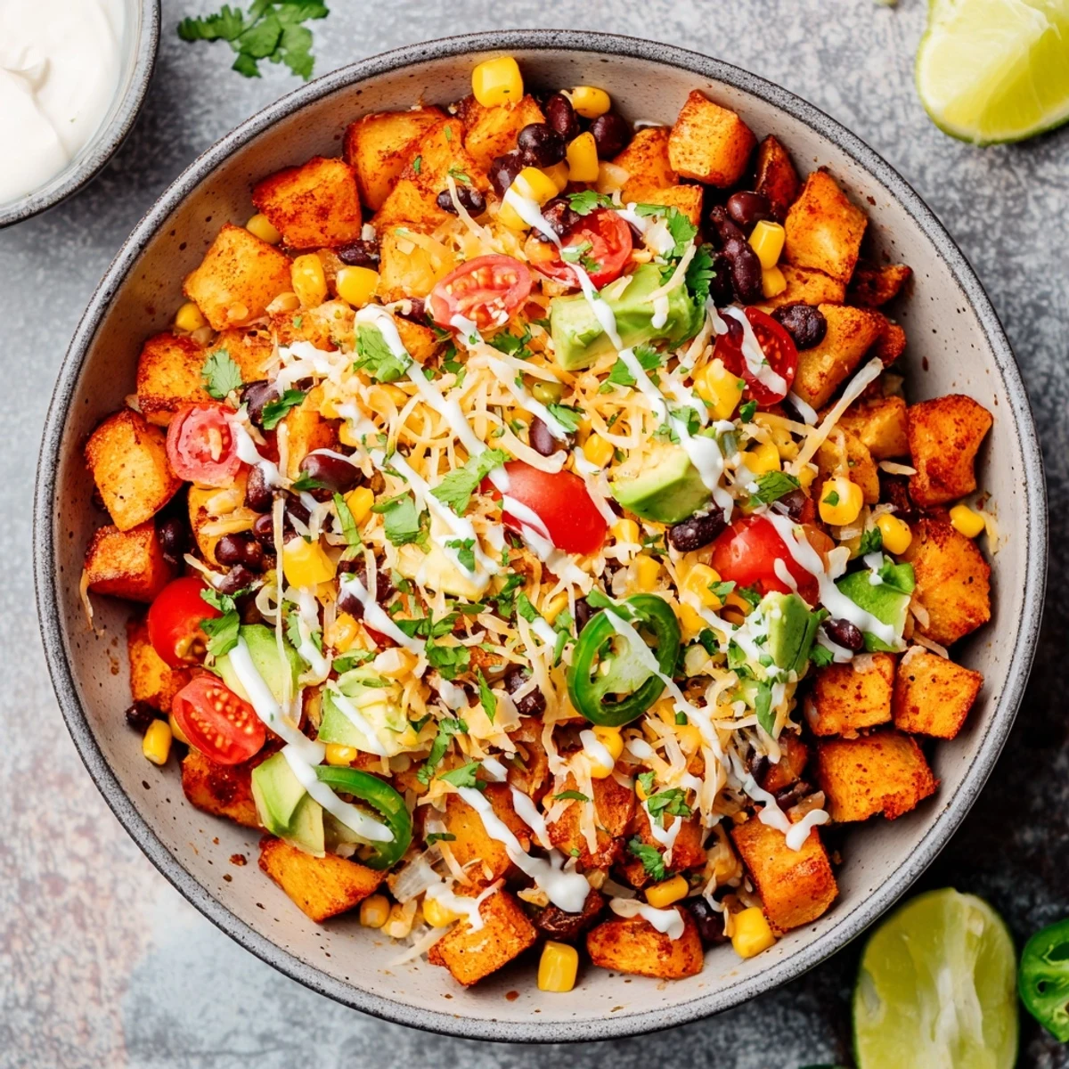 Crispy spiced potatoes mounded high with fresh avocado beans and zesty fiesta fixings