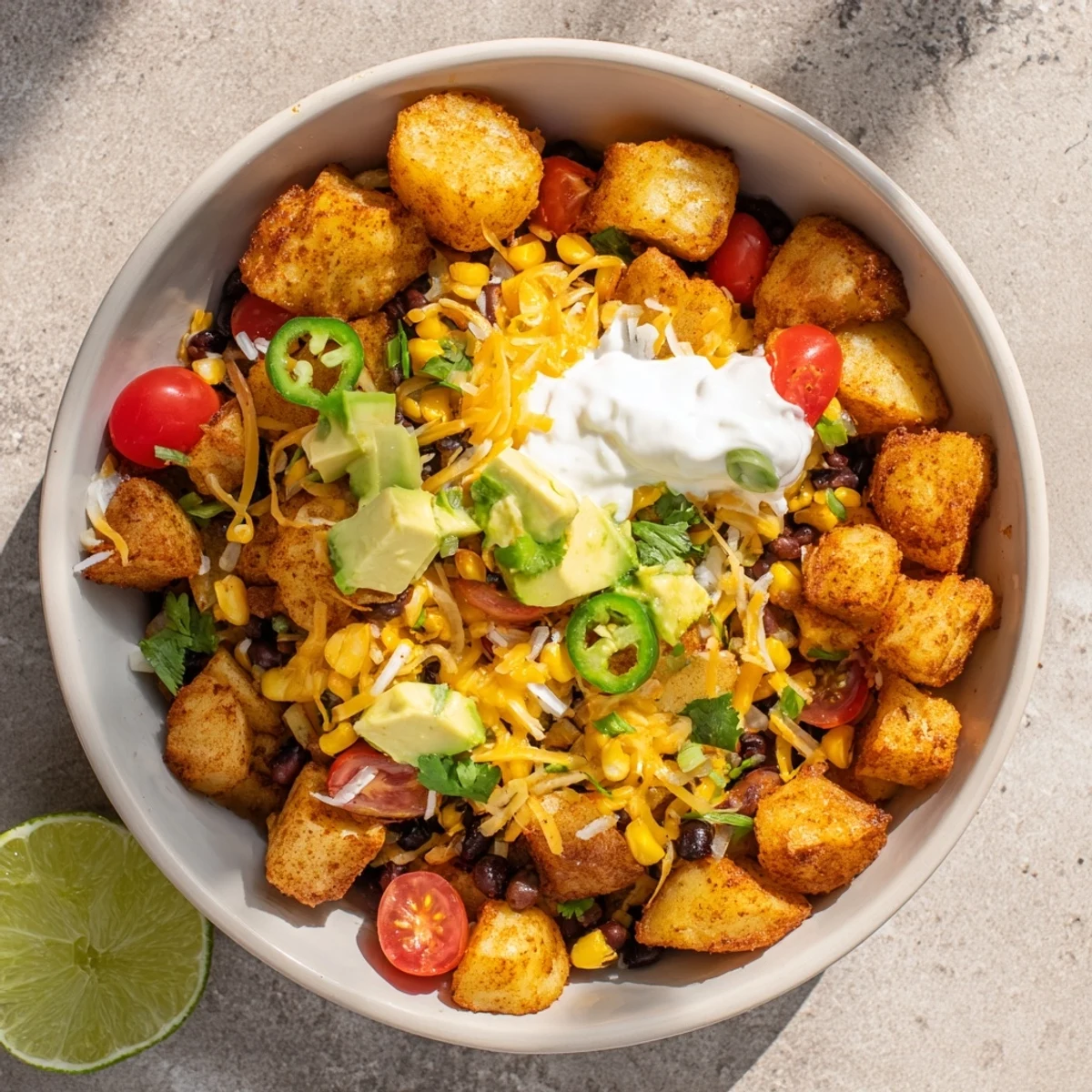 Hearty Loaded Fiesta Potato Bowls featuring melted cheddar and vibrant Southwest garnishes