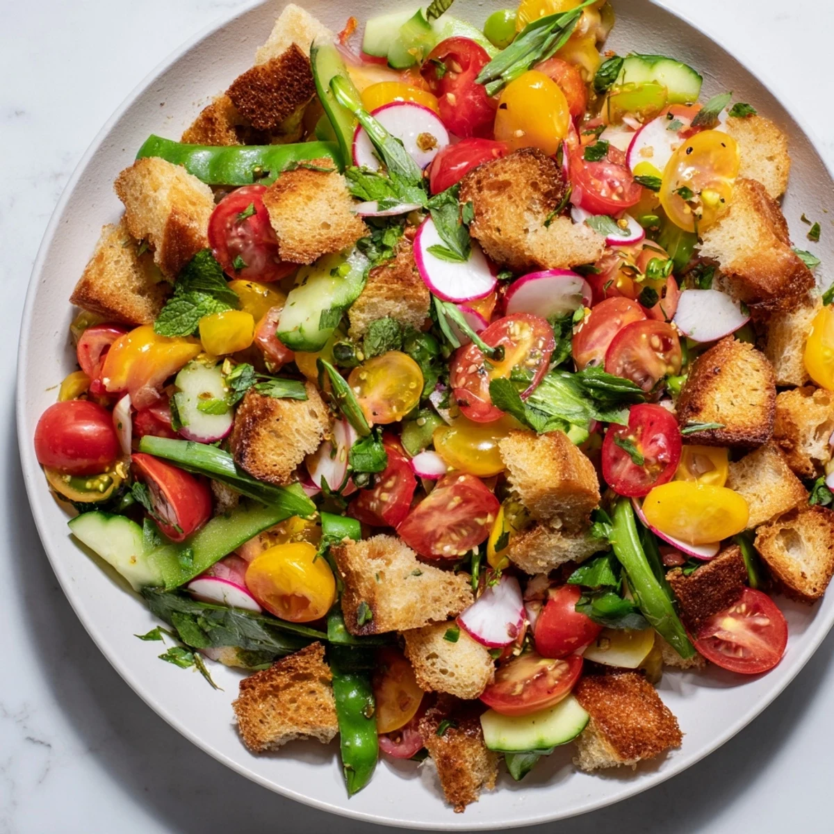 Golden toasted bread cubes tossed with vibrant spring vegetables in a refreshing panzanella salad