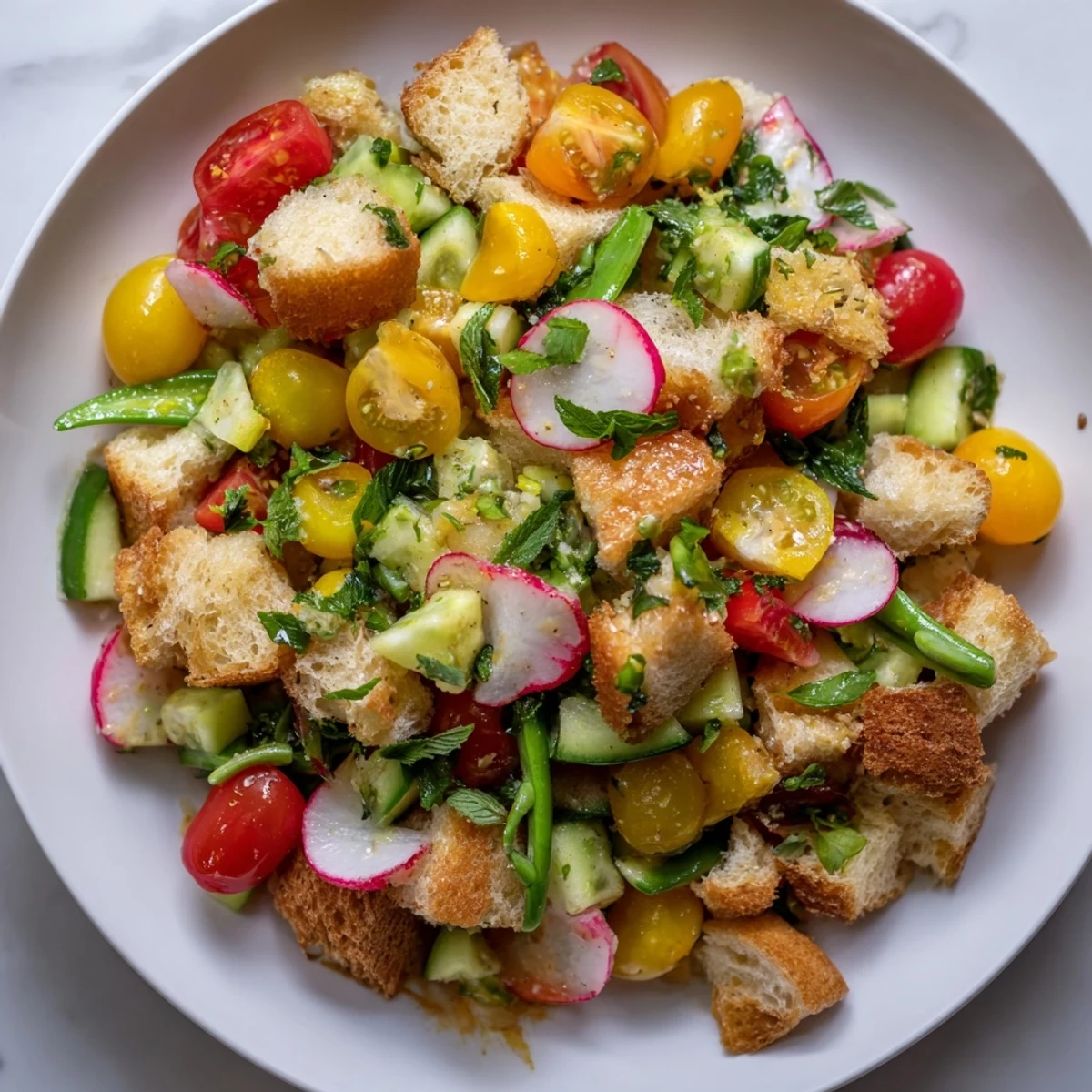 Colorful Italian panzanella featuring crisp cucumbers, cherry tomatoes, and fresh herbs atop crusty bread