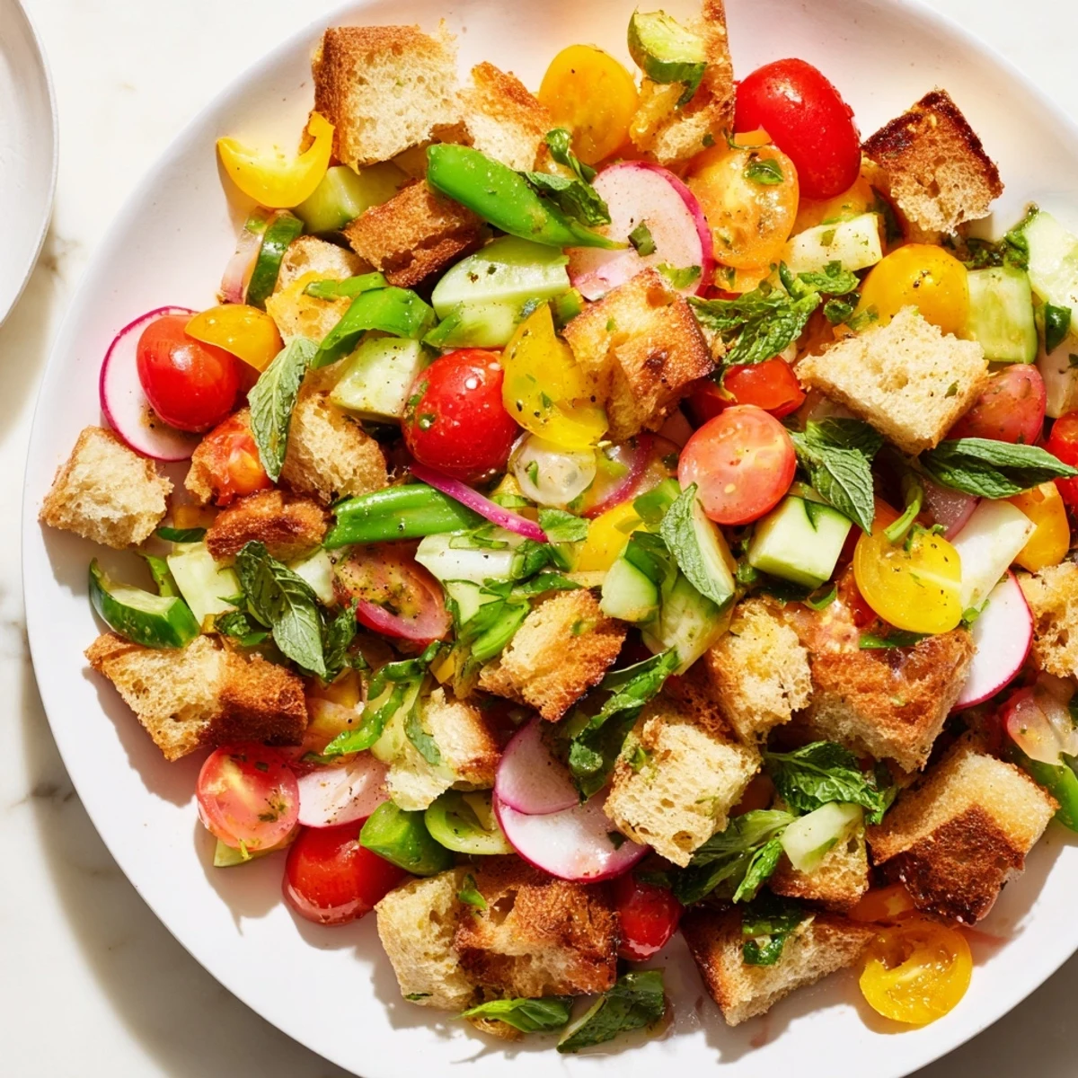 Fresh spring panzanella salad with seasonal vegetables, aromatic herbs, and crunchy sourdough croutons