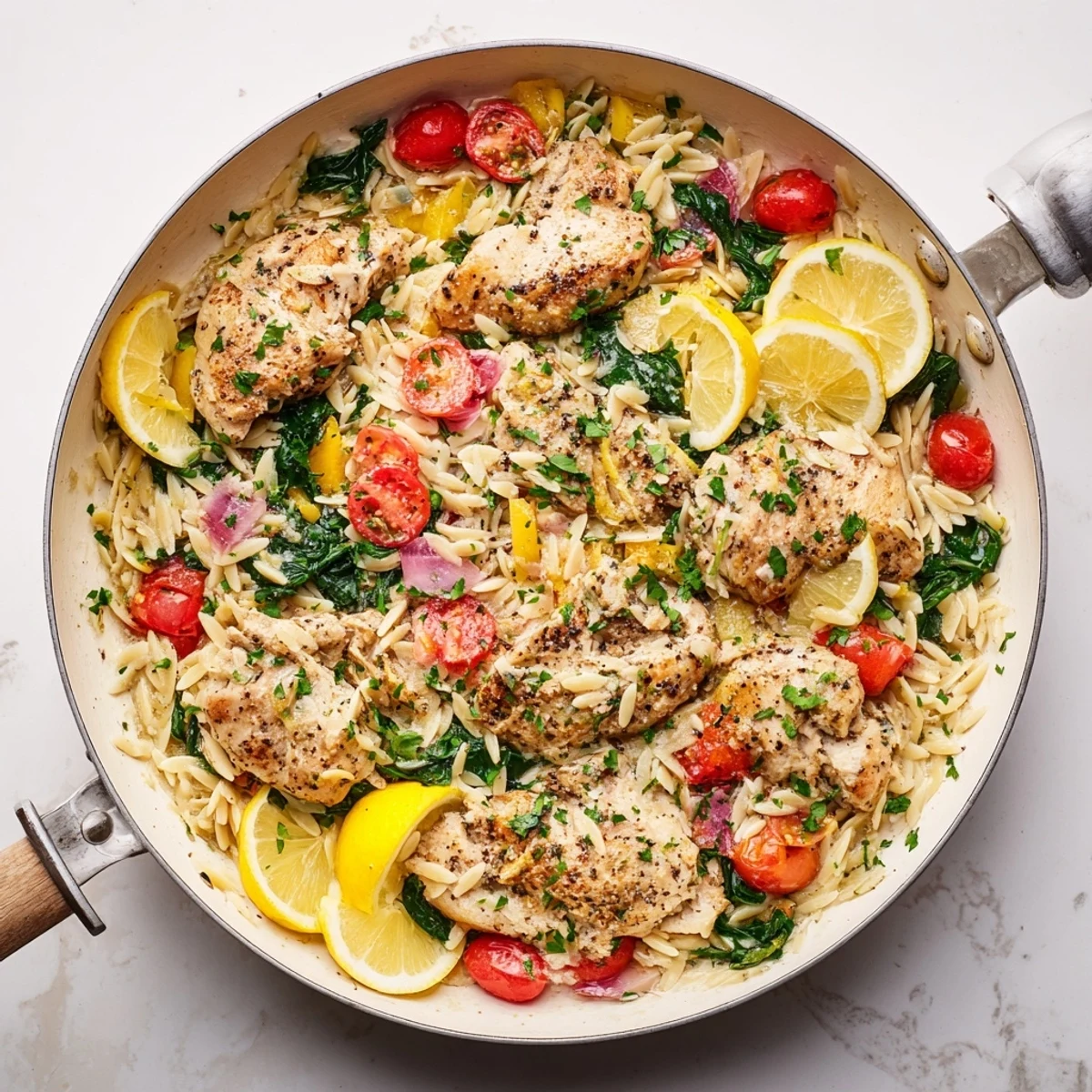 Golden seared chicken breast nestled in creamy lemon herb orzo with vibrant cherry tomatoes and fresh spinach