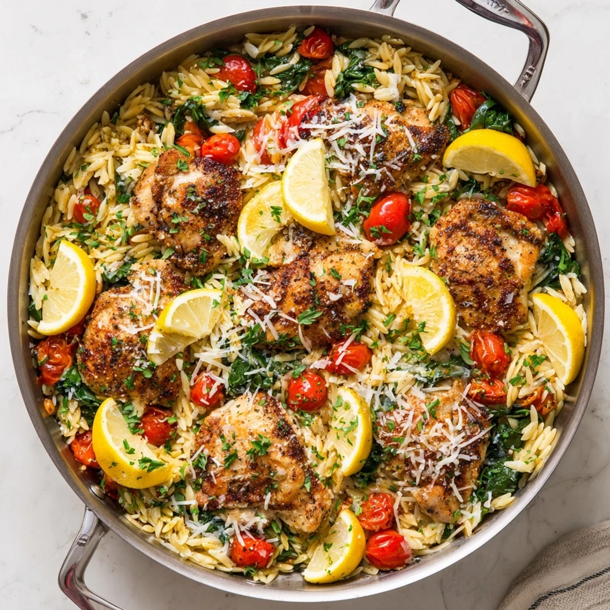 Tender chicken thighs simmered with orzo pasta in a bright lemon garlic sauce with colorful vegetables
