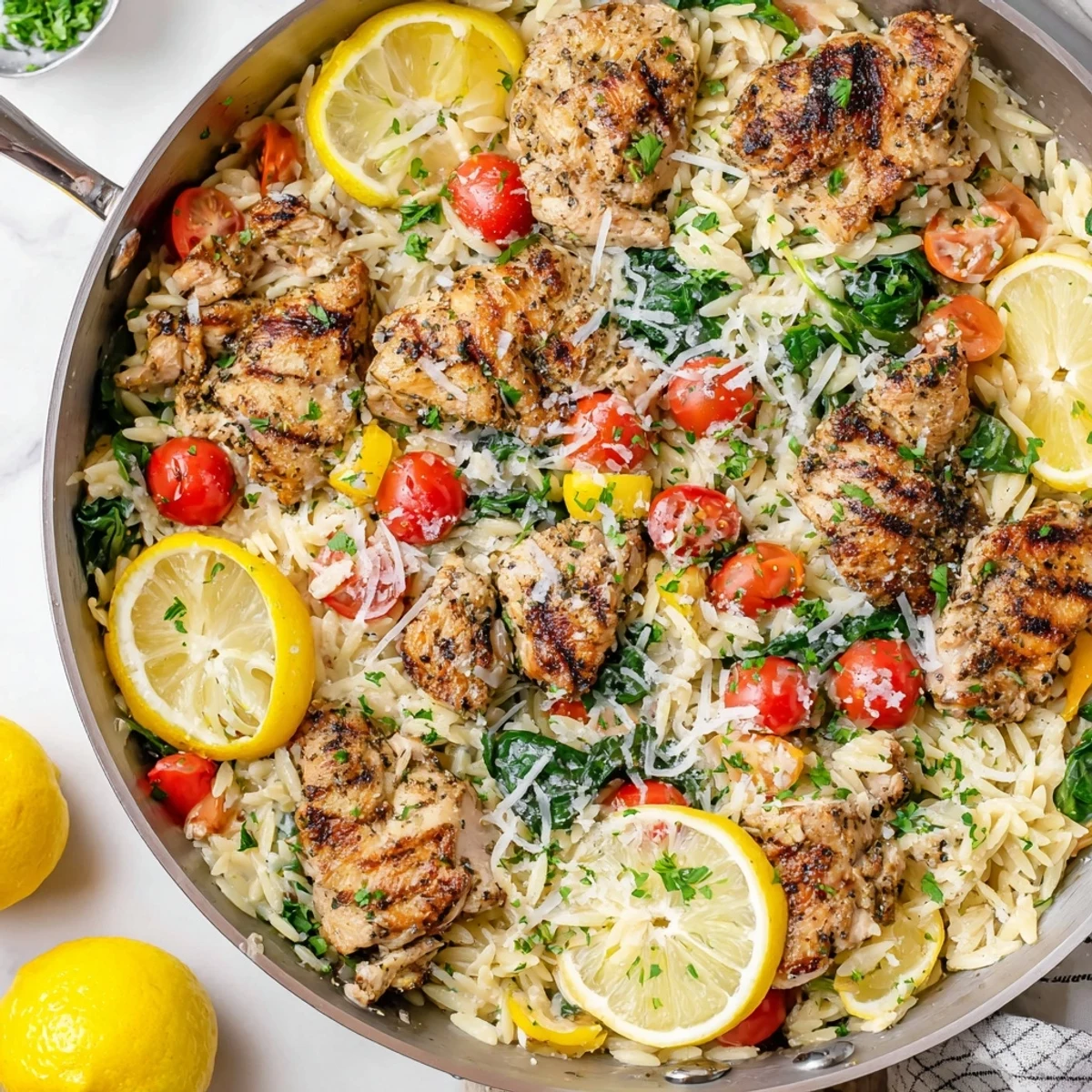 One skillet lemon herb chicken and orzo finished with grated Parmesan and chopped parsley for a complete meal