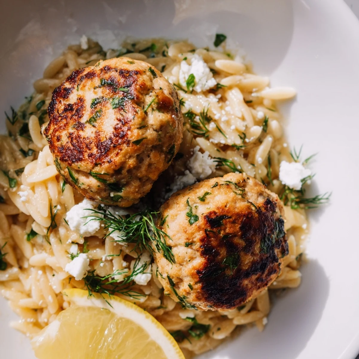 Greek chicken meatballs with lemon orzo plated with fresh dill and lemon wedge garnish on rustic surface