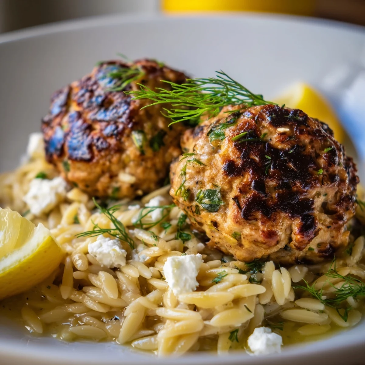 Golden brown chicken meatballs with herbs resting over bright lemon orzo pasta in a white bowl